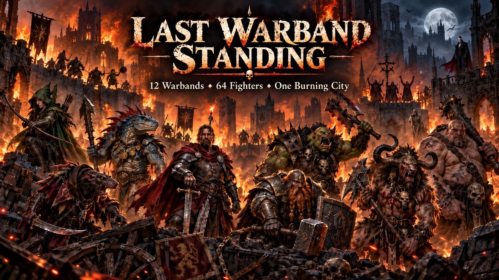 Last Warband Standing: twelve fantasy warbands face one another in a burning ruined city