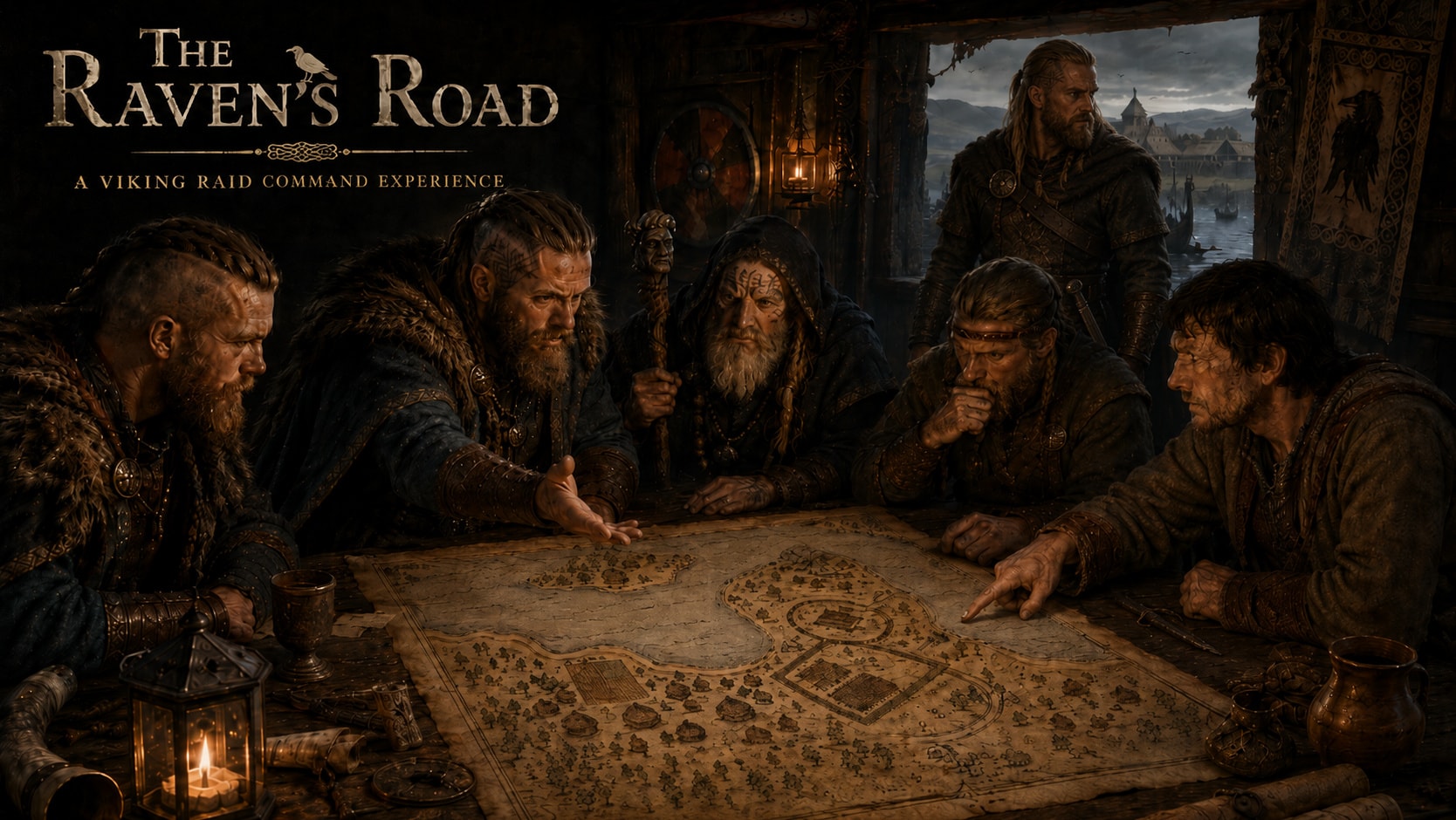 The Raven’s Road promotional artwork showing Viking raiders planning a raid over a map