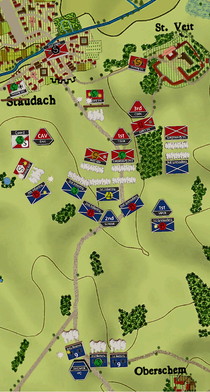 Tactical Kriegsspiel map showing unit positions at Staudach and St. Veit