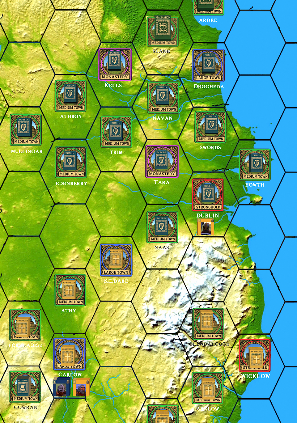 Hexagonal campaign map of Irish towns and regions