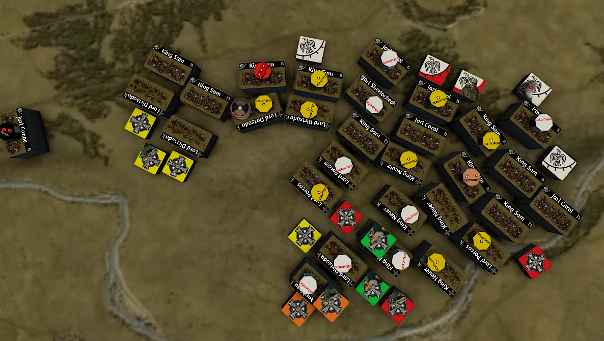 Tabletop battle map of the Battle of Birr showing Irish and Viking unit positions across the battlefield