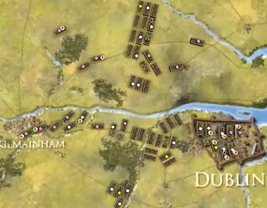 Battle map of Clontarf 1014 showing Dublin, Kilmainham, the River Liffey and troop formations