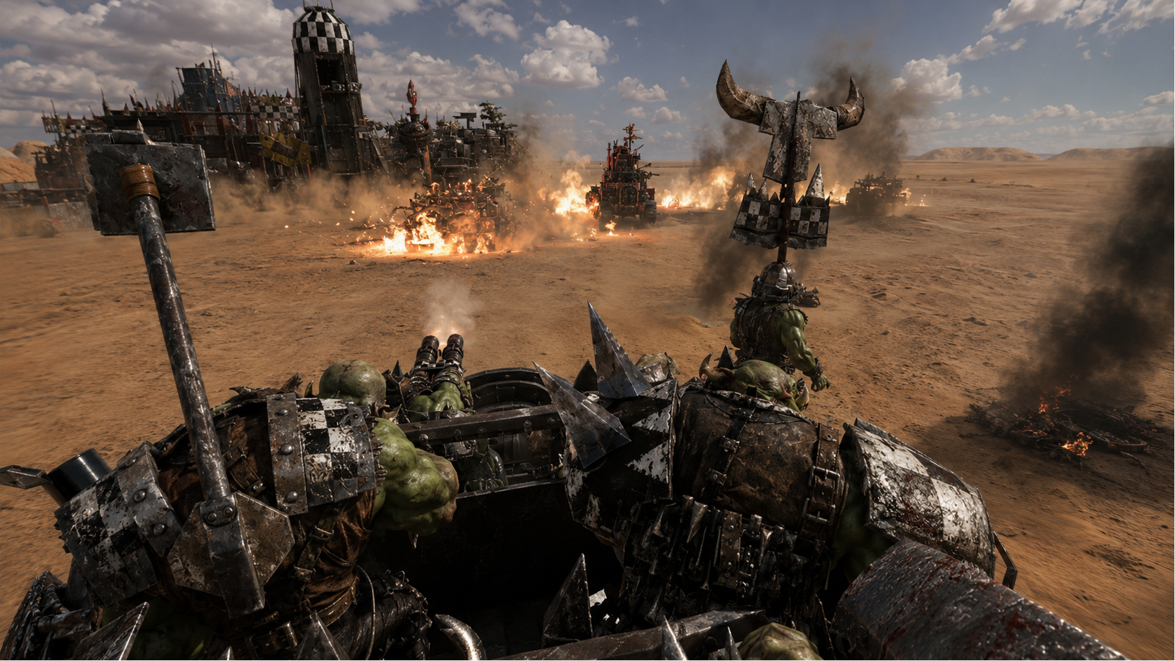 Ork war trucks charging across a desert battlefield with explosions and burning vehicles — Da Big Base Bash