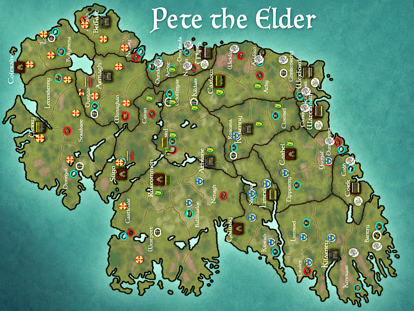 Campaign map of Ireland showing the five factions: Connacht, Leinster, Munster, Ulster and the Vikings