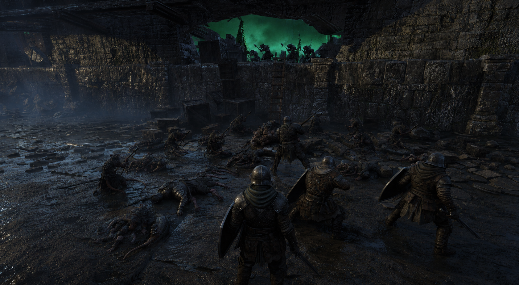 Armoured mercenaries of the Ragged Banner Company fight through a ruined quayside under an eerie green sky