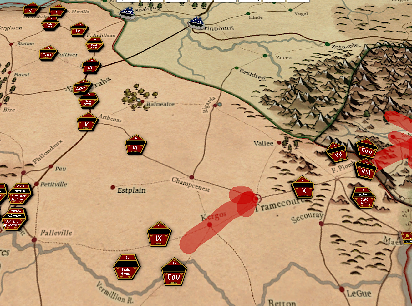 Campaign map of the Reiswelt showing corps positions, field armies, cavalry and strategic positions across the fictional 19th-century continent