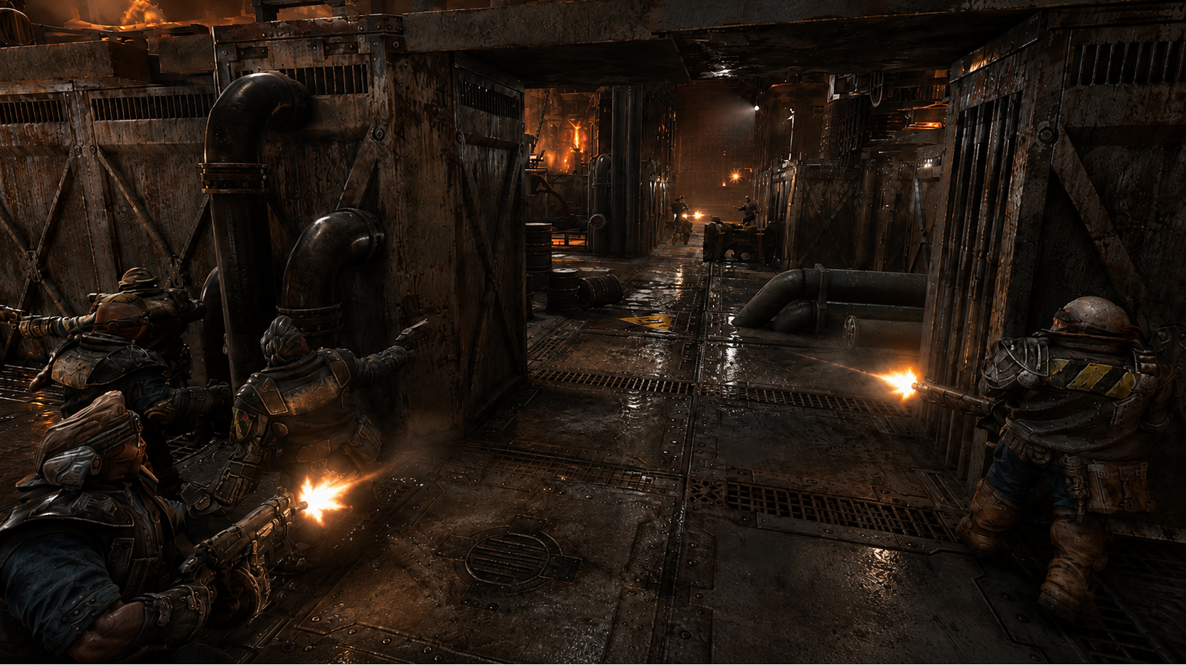 Dark industrial corridor with muzzle flashes — Smelting Plant Rumble