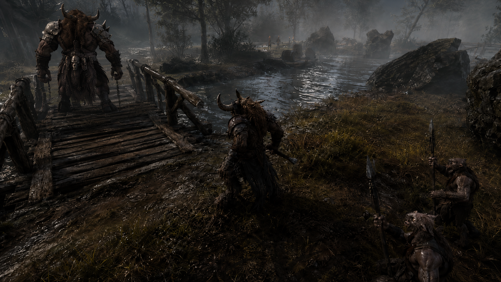 Dark fantasy scene showing Beastmen at a wooden bridge over a misty river — Fight at the Twin Bridges